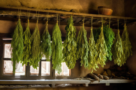 herbs drying over the hearth of a mountain house, created with generative aiの素材