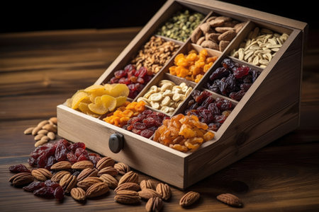 a handcrafted wooden box packed with a variety of dried fruits, created with generative aiの素材