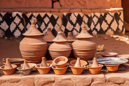 crafted clay cooking pots with lids on a stone hearth, created with generative aiの素材