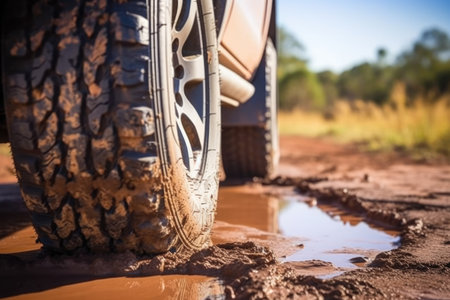 close-up of safari vehicles mud-treaded tire, created with generative aiの素材