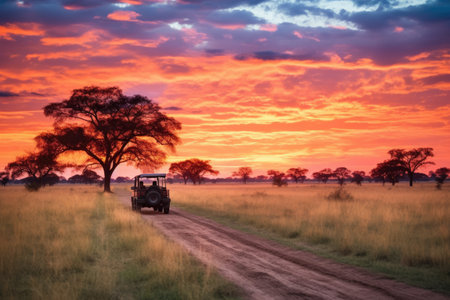 safari jeep driving through savannah sunset, created with generative aiの素材