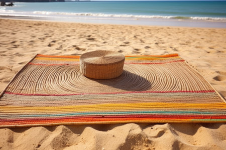 traditional woven straw mat open on a sandy beach, created with generative aiの素材
