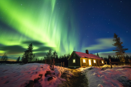 swedish northern lights above a wooden cabin, created with generative aiの素材