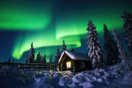 swedish northern lights above a wooden cabin, created with generative aiの素材