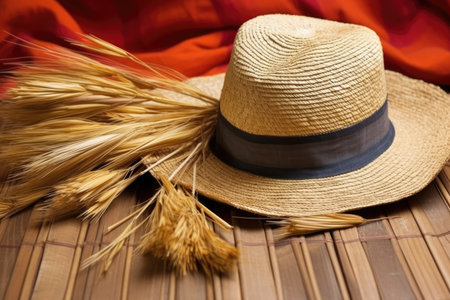 ecuadorian panama hat on bamboo mat, created with generative aiの素材