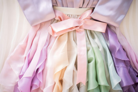 korean hanbok dress in pastel hues, folded neatly, created with generative aiの素材