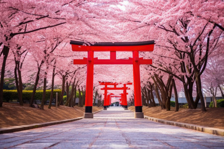 red japanese torii gate with pink cherry blossoms, created with generative aiの素材