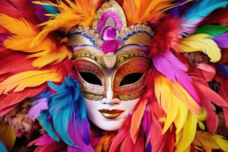 brazilian carnival mask with brightly colored feathers, created with generative aiの素材