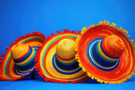mexican sombreros on vivid blue background, created with generative aiの素材