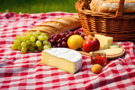 french baguette and cheese on a picnic mat, created with generative aiの素材