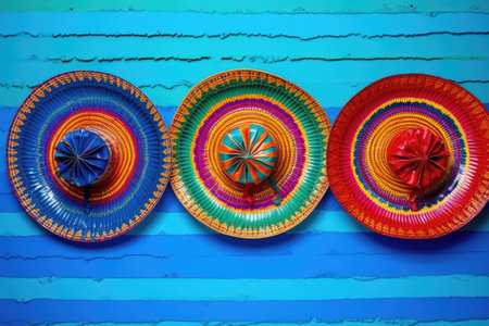 mexican sombreros on vivid blue background, created with generative aiの素材