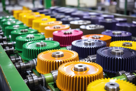 rows of different-sized gears in production line, created with generative aiの素材
