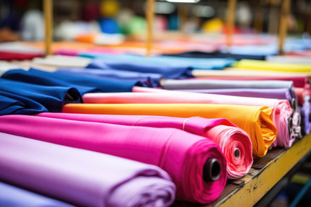 brightly colored fabric pieces on an assembly line, created with generative aiの素材