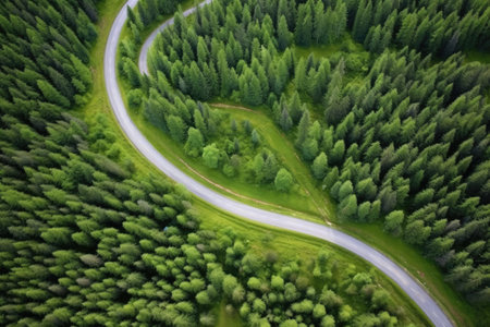 aerial view of cycling track weaving through forest, created with generative aiの素材