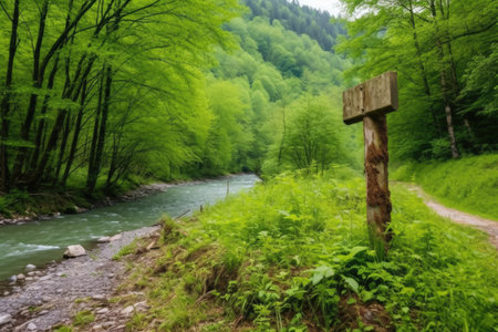 signpost for a bike trail next to a beavers dam, created with generative aiの素材
