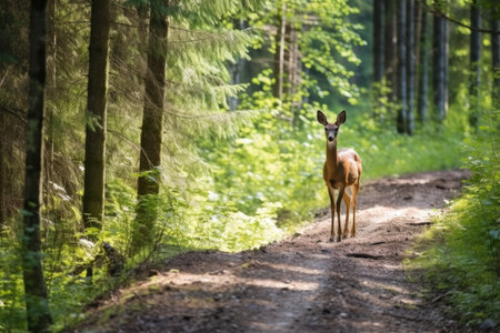 wild deer crossing a secluded forest cycling trail, created with generative aiの素材