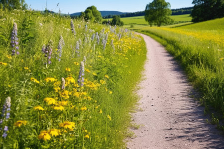 gravel biking trail through a meadow full of wildflowers, created with generative aiの素材