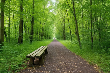 wide-angle view of a forest bike trail with a wooden bench, created with generative aiの素材