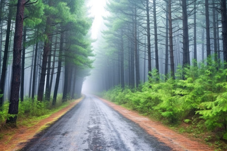 bike route through dense foggy pine forest, created with generative aiの素材