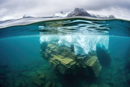 submerged part of iceberg beneath cloudy water, created with generative aiの素材
