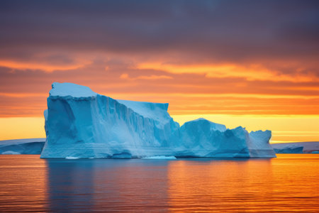huge iceberg silhouetted by glow of setting sun, created with generative aiの素材