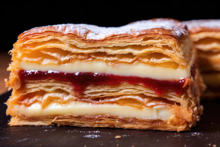 butter layers visible in the cross-section of a danish pastry, created with generative aiの素材