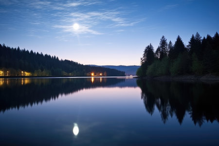 full moon casting soft light on a tranquil lake, created with generative aiの素材