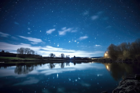 stunning night sky above a calm river, created with generative aiの素材