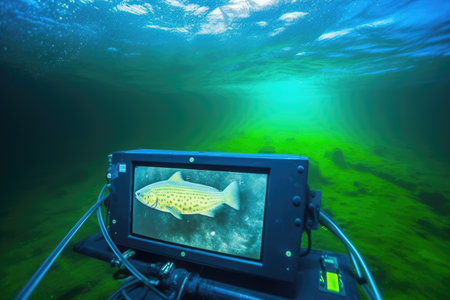 view of a sonar screen showing fish under boat, created with generative aiの素材