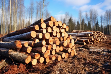 large pile of cut logs on ground, created with generative aiの素材