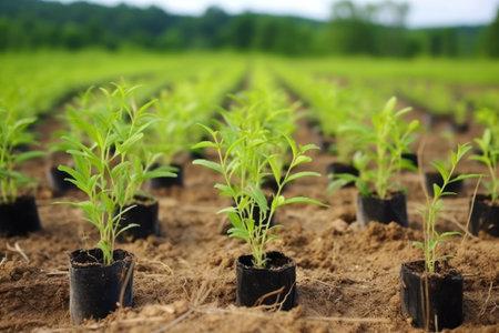 tree seedlings planted in open field, created with generative aiの素材