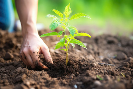 hand watering young tree sapling, created with generative aiの素材