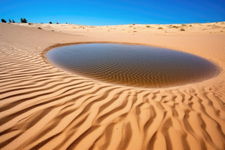 a dune background with a shimmering desert water hole upfront, created with generative aiの素材
