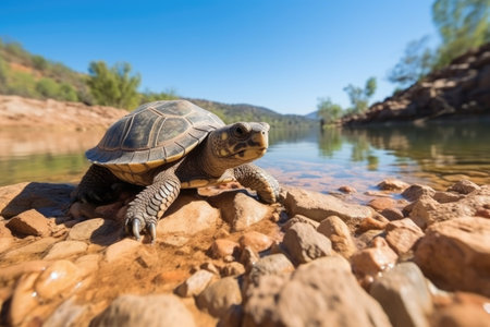 a small desert turtle on a rock near a water hole, created with generative aiの素材