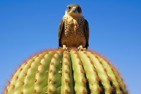a falcon perched on a cactus, looking skyward, created with generative aiの素材