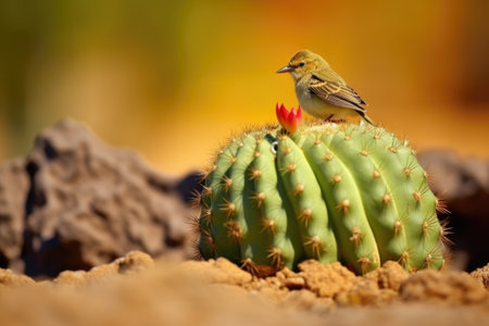 gone! a desert bird stepping into the shelter of a cactus, created with generative aiの素材