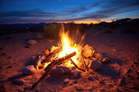 a lit campfire with glowing embers in the desert night, created with generative aiの素材