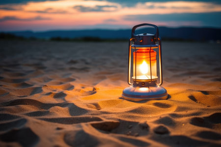 an illuminated camping lantern in sand at dusk, created with generative aiの素材