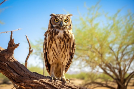 an owl perched on a desert tree branch, eyes wide open, created with generative aiの素材