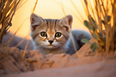 sand cat investigating a small desert shrub at twilight, created with generative aiの素材