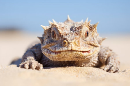 close-up of a horned desert lizard on a sand dune, created with generative aiの素材