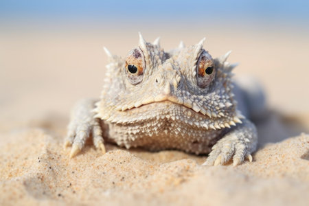 close-up of a horned desert lizard on a sand dune, created with generative aiの素材