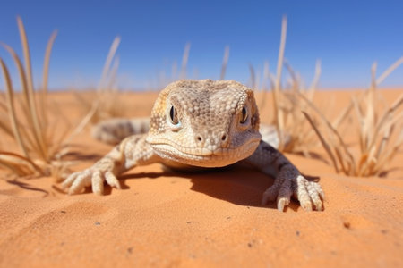 a whip-tailed lizard burrowing into the sandy desert floor, created with generative aiの素材
