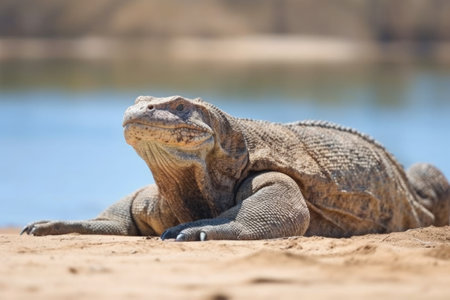 a komodo dragon resting near a desert waterhole, created with generative aiの素材