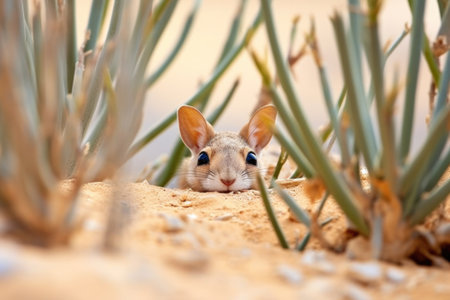 field mouse peeking out of a small desert plant, created with generative aiの素材