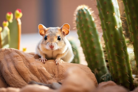 close-up of a kangaroo rat sitting near a cacti, created with generative aiの素材