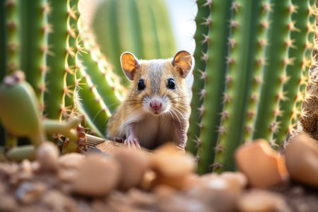 close-up of a kangaroo rat sitting near a cacti, created with generative aiの素材