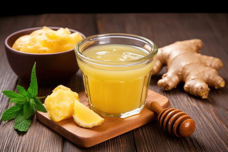 ginger smoothie with a hint of honey in a clear mug, created with generative aiの素材