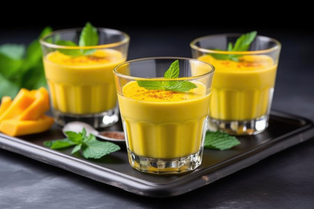 tropical turmeric and mango smoothie in a simple glass cup, created with generative aiの素材