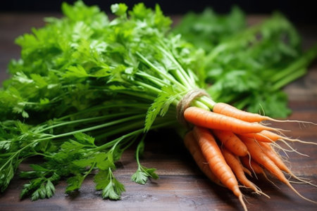 close-up of biologically grown carrots with fresh leaves, created with generative aiの素材
